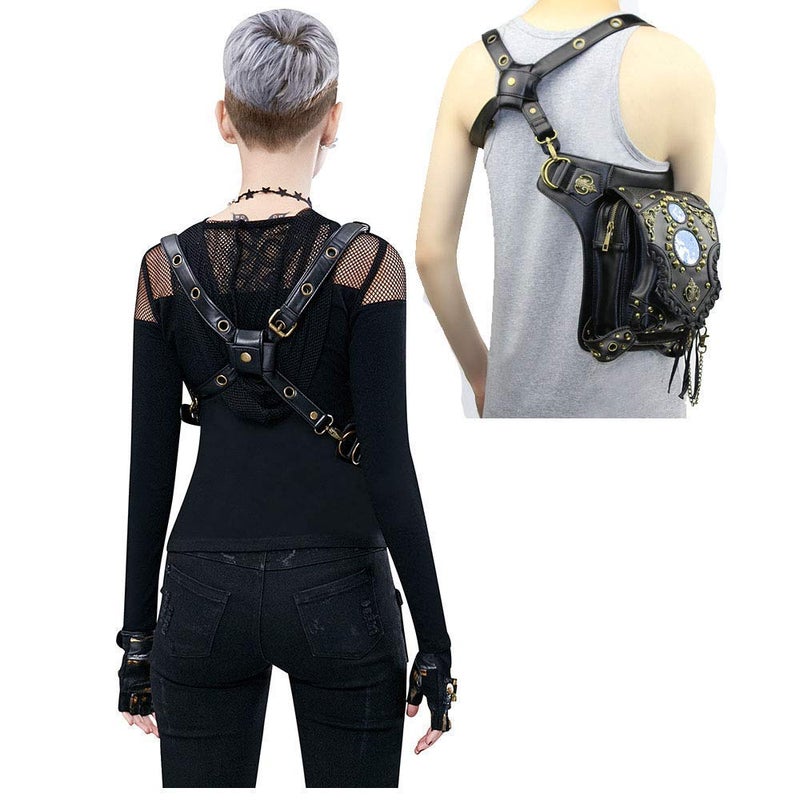 Valentoria Steampunk Waist Bag Fanny Pack Fashion Gothic Leather Shoulder Crossbody Messenger Bags Thigh Leg Hip Holster Purse Travel Pouch Hiking Sport Chain Bags for Women Men (punkwbag C) - Image 4